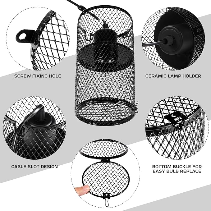 VIHOSE 2 Pcs Reptile Heat Lamp Guard with 150W Ceramic Heat Emitter Basking Anti Scald Heating Lamp Holder Mesh Cage Reptile Protection Lampshades for Lizard Snake Chick, Bulb Not Included (Black)