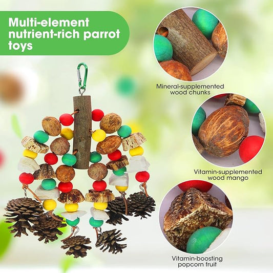 MQUPIN Parrot Toys, Nuts Nutrient-Rich Bird Toys,Natural Wooden Parrot Cage Bite Toy,Chewing Toy Containing Cuttlefish Bones,Pine Cones,Wooden Mangoes and Carambola for African Greys,Cockatoo,Budgie