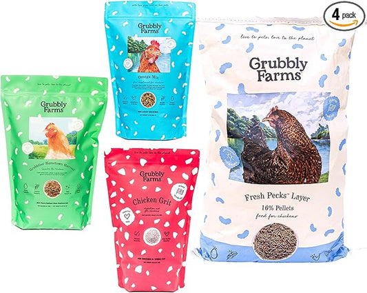 Grubbly Farms Adult Chicken Bundle - Chicken Grit, Fresh Pecks Layer Feed Pellets, Omega Mix & Grubblies - Complete Nutrition, Proper Digestion, Strong Eggshells & Natural Protein Treats