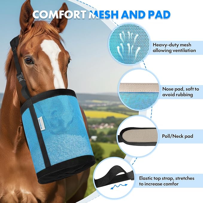 Horse Feed Bag Pack of 2 (Reinforced Bottom Edging), Feed Bags for Horses with Ventilation Mesh, Comfort Nose Pad Neck Pad, Adjustable Strap, Spill Proof Design for Feeding Grain, Supplements