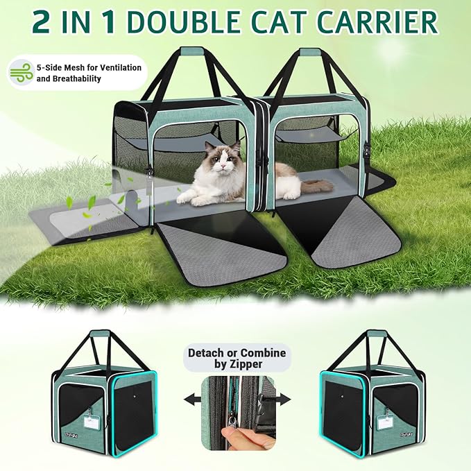 Petskd 2 in 1 Double Cat Car Travel Carrier with Litter Box, 38"x17"x18" Dual Extra Large Cat Carrier for Several Cats, Portable Cat Carrier with Zipper Locks for Longer Road Trips (Green)