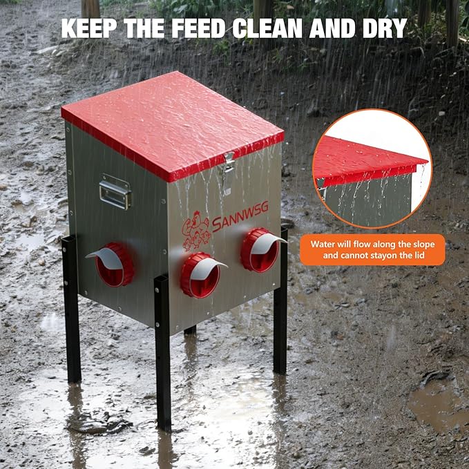 Chicken Feeders,30 lb Capacity 6 Port Automatic Chicken Feeder, Metal Chick Feeder with Locking Lid and Legs, Chicken Feeder for Chickens, Ducks, Geese