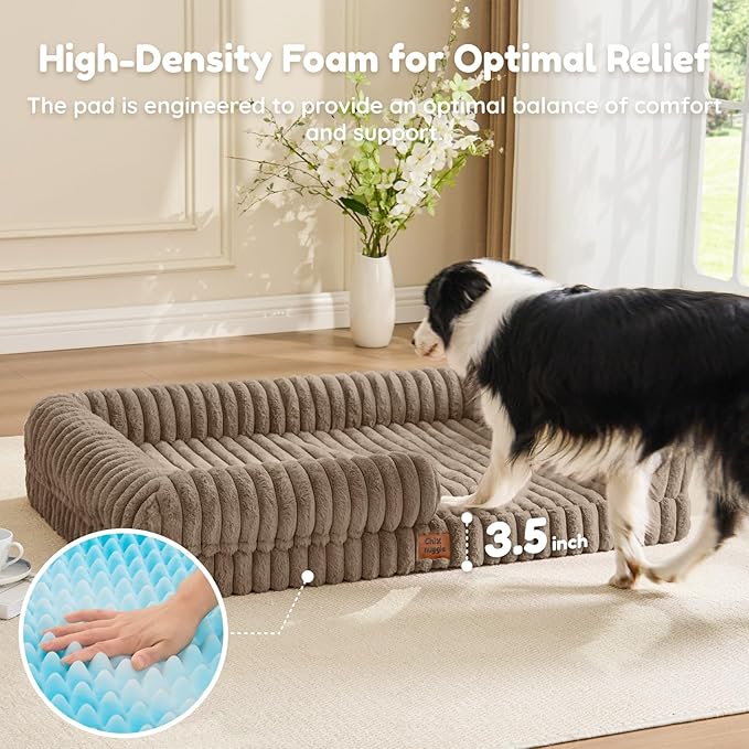 ChiXnuggle Orthopedic Dog Bed with Bolster Sides for Sleeping, Fluffy Plush Rectangular XL Dog Bed, Luxury Striped Faux Fur Waterproof Dog Couch with Removable Washable Cover, Taupe