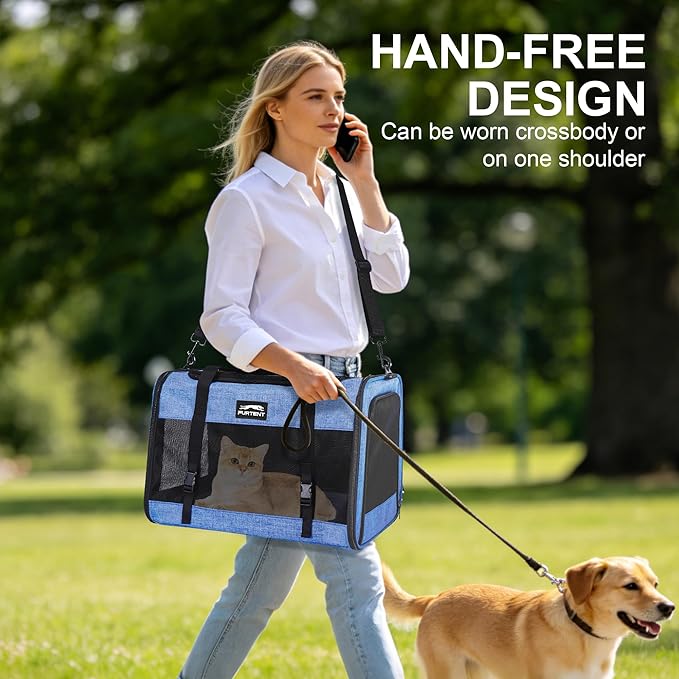 Soft Sided Cat Carrier for Large Cats, Pet Carrier for 2 Cats or Small Dogs Up to 25Lbs, Large Cat Carrier with Shoulder Strap, Cat Car Carrier with Safety Buckle & Cushion, 20x13x13 inches, Blue