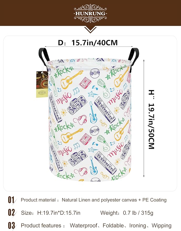 Collapsible Fabric Storage Basket, Waterproof Laundry Hamper with Handles, Round Storage Bin for Clothes Toys, Foldable Organizer for Bedroom Nursery Bathroom(Round-Musical instrument)