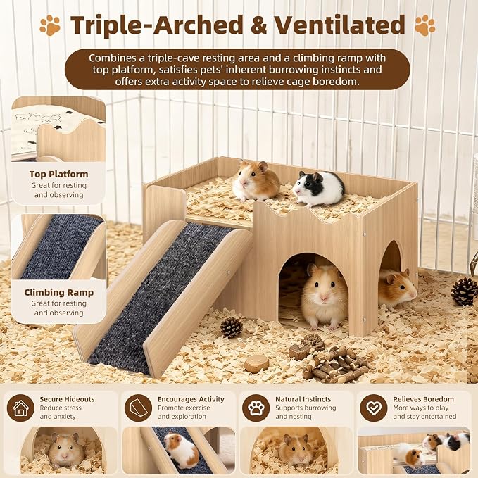 Wooden Guinea Pig Hideout with Non-Slip Mat Ramp & Platform for Small Pets | Natural solid wood with screw-fixed structure, smooth burr-free edges ensure a pet-safe, sturdy shelter for long-term use