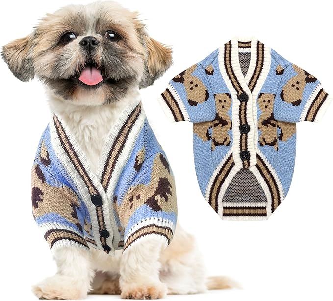 ABRRLO Small Dog Sweaters Cute Bear Dog Cardigans Clothes for Small Medium Dogs Boy Girl Puppy Cat Knitting Cardigan Outfits Dogs Winter Coats Warm Pet Doggy Clothes Soft Knitwear Apparel (Blue,XS)