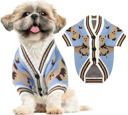 ABRRLO Small Dog Sweaters Cute Bear Dog Cardigans Clothes for Small Medium Dogs Boy Girl Puppy Cat Knitting Cardigan Outfits Dogs Winter Coats Warm Pet Doggy Clothes Soft Knitwear Apparel (Blue,S)