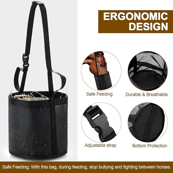 Sumind 2 Pcs Feed Horses Bag for Grain Hay Bags Heavy Duty Mesh Horse Feeder with Adjustable Strap Comfort Neck Pad Nose Pad and Waterproof Bottom Muzzle(Black)