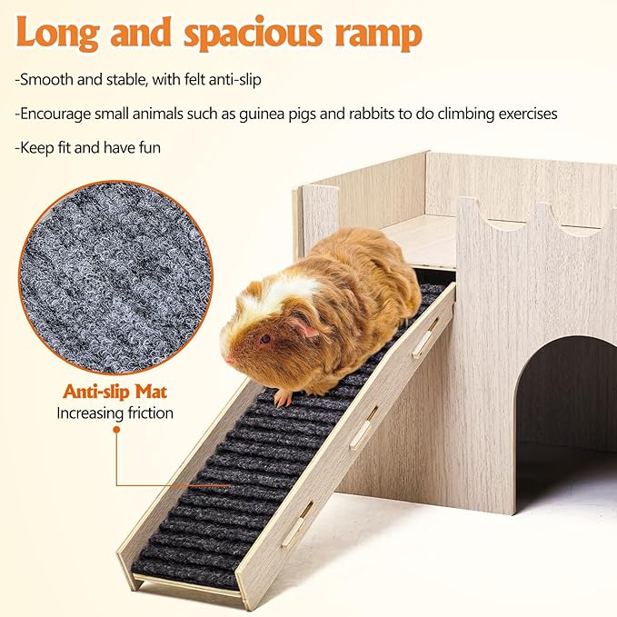 kathson Wood Guinea Pig Hideout Small Rabbit Hideout with Water and Hay Feeder Ramp, Easy to Assemble Wooden Hamster House for Small Animal Bunny Chinchilla Rat Hedgehog with 2xGuinea Pig Cage Liners