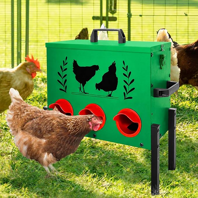 No Waste Automatic Chicken Feeder (30 LB), Rodent Resistant Metal Poultry Feeder with Locking Lid, Adjustable Stand & 8 Ports, Heavy Duty Weatherproof Feed Box for Hens, Ducks
