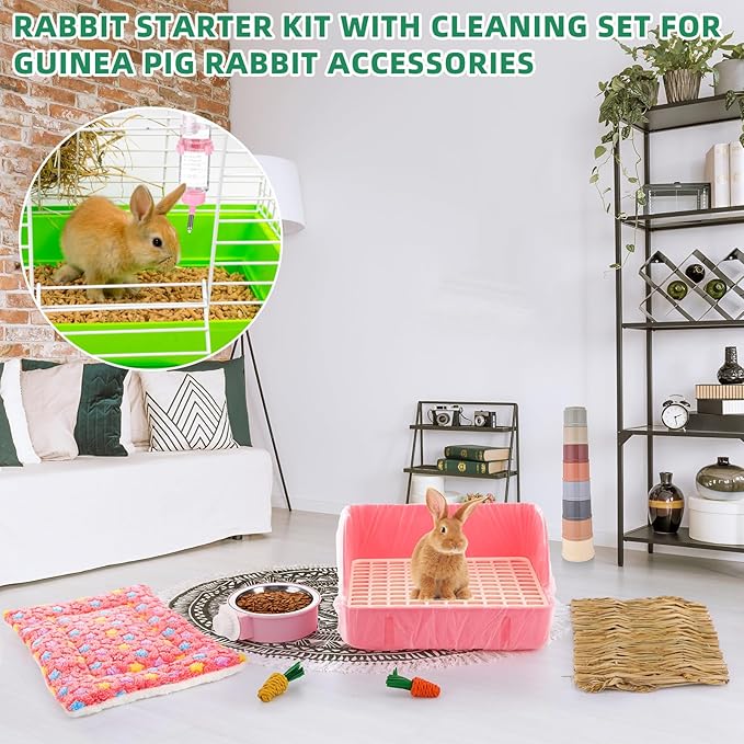 34 Pcs Rabbit Starter Kit Rabbit Litter Box Small Animal Water Bottle Cups Bunny Tunnels Animal Grooming Kit Bowl Blanket with Cleaning Set for Guinea Pig Bunny Accessories(Style 1,Pink)