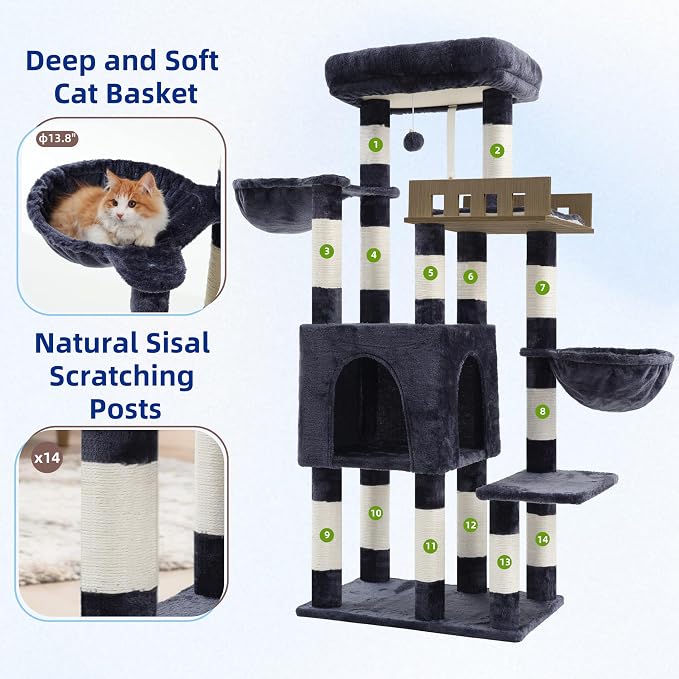 Gitelsnour Cat Tree for Indoor Cats Large Adult, Heavy Duty Cat Tree for Large Cats 20 lbs+, Cat Condo with Big Wooden Perch, Cat Tower with 14 Scratching Posts, Hammock, Smoky Gray GCT023G