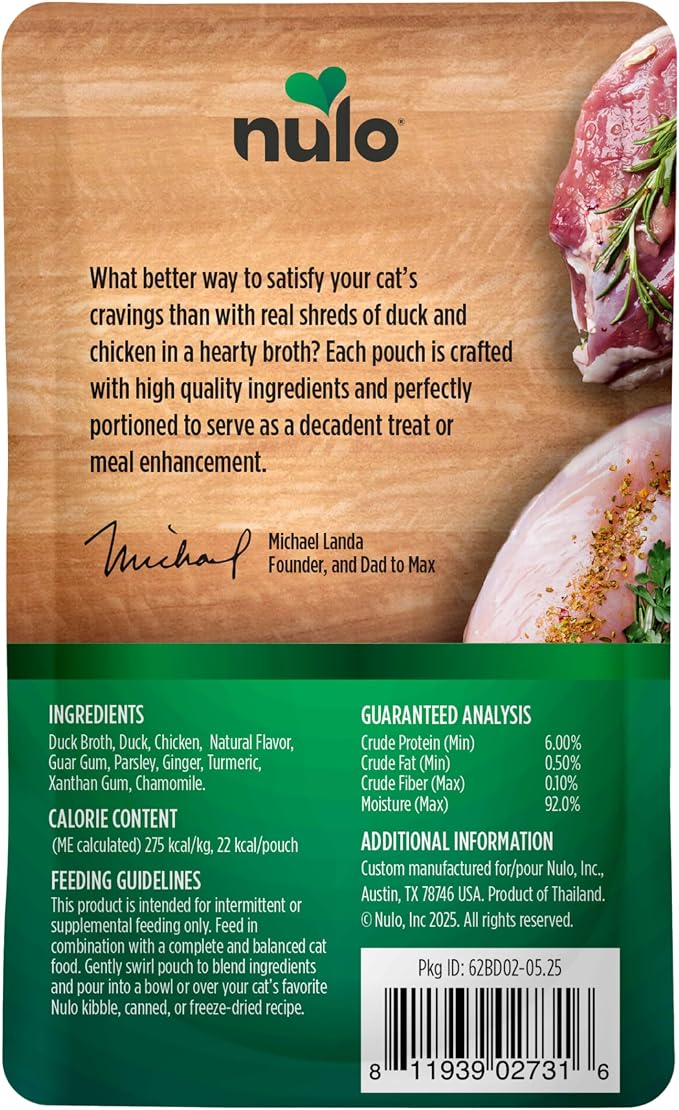 Nulo FreeStyle Cat Broth Pouches - Chunky Duck & Chicken, High-Protein Wet Cat Food Topper Treat for Indoor & Outdoor Kittens and Adults, 24 x 2.8oz