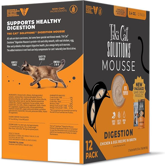 Tiki Cat Solutions Mousse Multipack, Wet Cat Food, Digestion, Chicken & Egg, 2.4 oz. Pouch (12 Count)