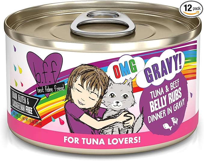 Weruva B.F.F. OMG - Best Feline Friend Oh My Gravy!, Tuna & Beef Belly Rubs with Tuna & Beef, 2.8oz Can (Pack of 12)