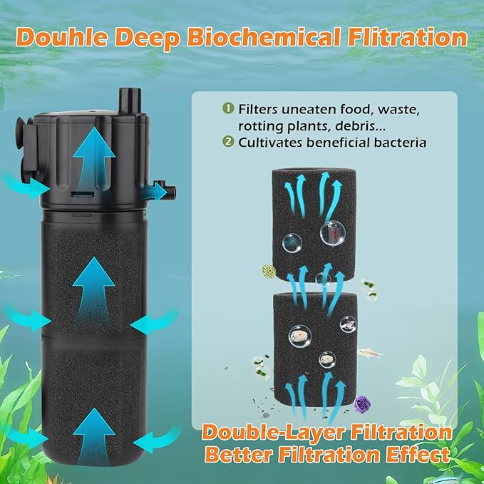 hygger Aquarium Internal Filter for 30-80 Gallon Tank, Flow Rate Adjustable 4 in 1 Submersible Fish Tank Filter with Aeration System,Filtration/Oxygenation/Waveker/Circulation