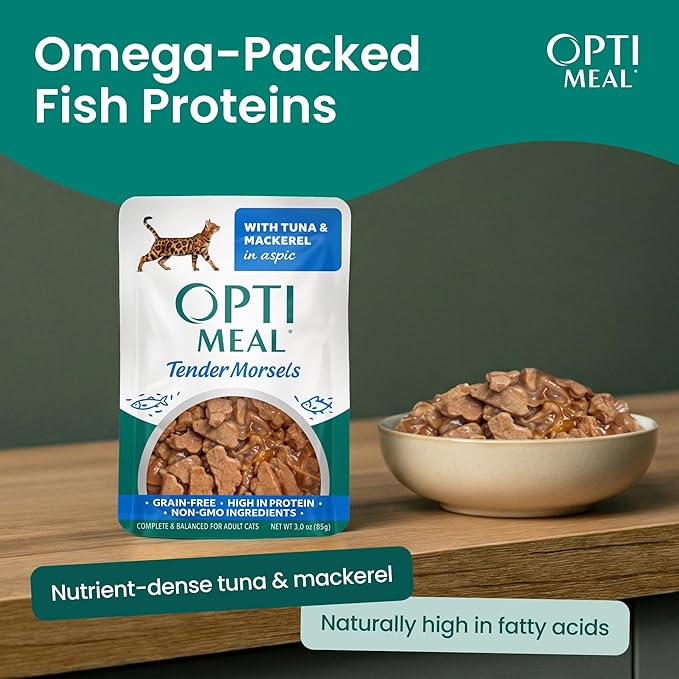 Optimeal Wet Cat Food Variety Pack - Surf & Turf Selection, Grain Free Tender Morsels, High Protein Premium Nutrition Made with Natural European Ingredients, Cat Pouches 3oz (Tuna & Mackerel)