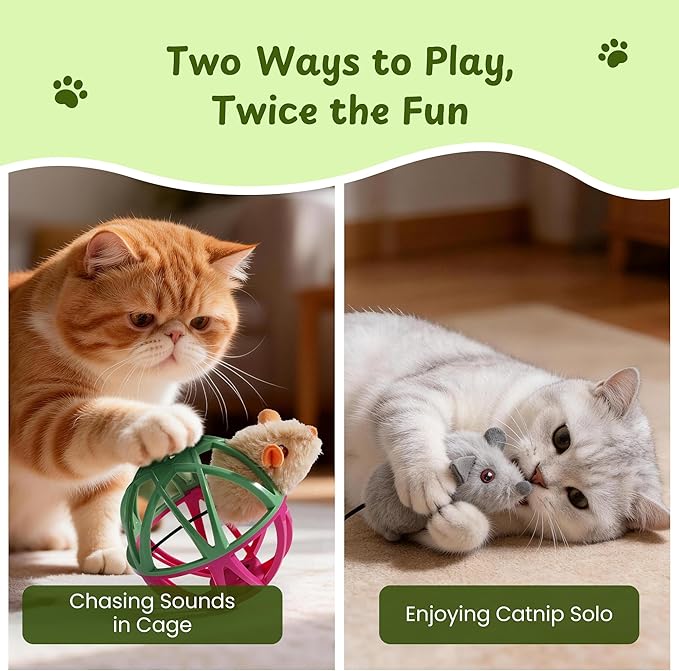 Cat Toys for Indoor Cats - Interactive Ball Cage Cat Toy with Realistic Mice Sounds & 2 Catnip Plush Toys, Motion-Activated Hunting Simulation Toy for Cats