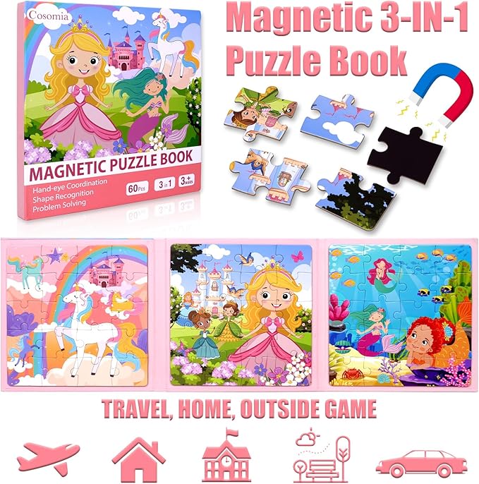 Magnetic Puzzles for Kids 3-5, 3-in-1 Princess Unicorn Mermaid Travel Puzzles for Kids Ages 4-6, Car Airplane Road Trip Activities Toys, Gifts for Girls