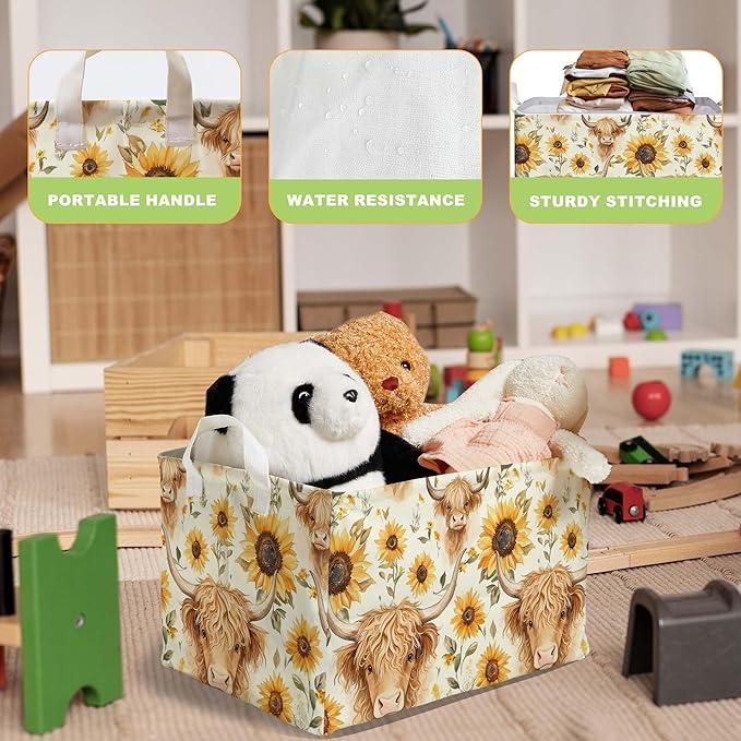 Sunflower Highland Cow Storage Basket, Highland Cow Nursery Decor, Closet Shelf Organizer Baskets for Nursery Decor, Bathroom, Bedroom, Large Squarecanvas Laundry Hamper With Foldable