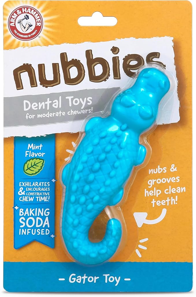 Arm & Hammer Nubbies Gator Dental Chew Toy for Dogs, Mint Flavor, Baking Soda Infused, Scrubbing Grooves to Reduce Plaque and Tartar, No Stuffing, for Moderate Chewers