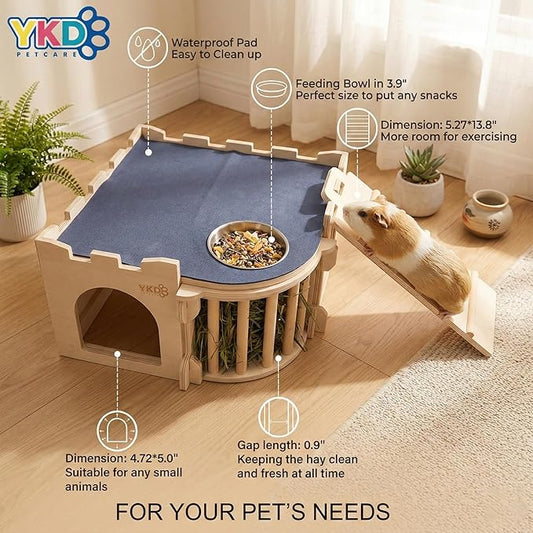 Large Guinea Pig Castle, Natural Wood Rabbit House with Ladder and Hay Feeder, Small Animal Hideout for Rabbit, Guinea Pig, Chinchilla, Hedgehog