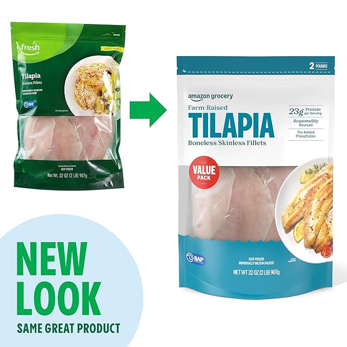 Amazon Grocery, Farm-Raised Tilapia, Boneless Skinless Fillets, 2 Lb (Previously Amazon Fresh Brand, Packaging May Vary)