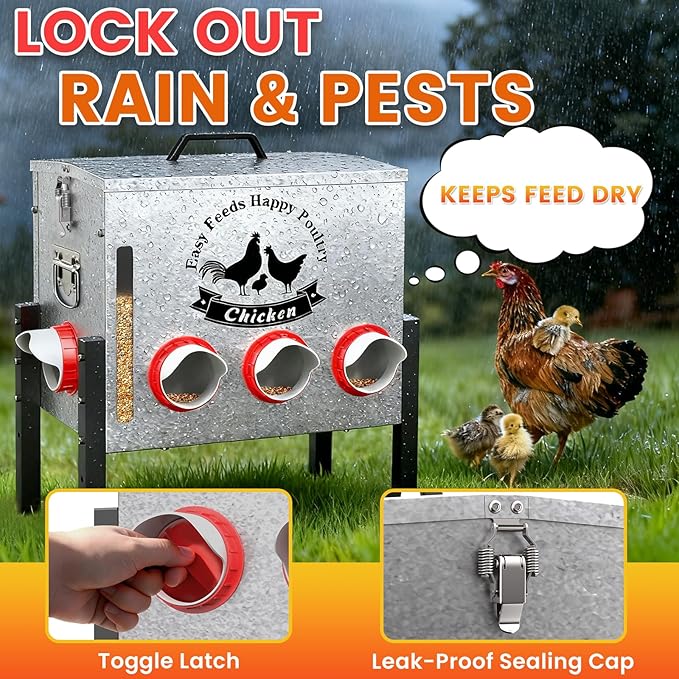 10gal 55LB Large Automatic Chicken Feeder with Window - 8 Port No Waste Design, Rust-Proof Alloy Steel with Locking Lid & Adjustable Legs, Waterproof Silo for Hens, Ducks, Geese, Poultry