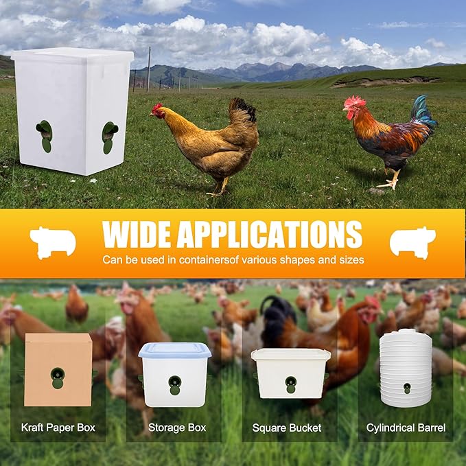 Chicken Feeder Port 12 Pack - No Waste DIY Poultry Feeding Kit with Stopper Lid & Hole Saw, Reusable Rain Proof Automatic Coop Gravity Feeder for Hens Ducks Geese (Green)