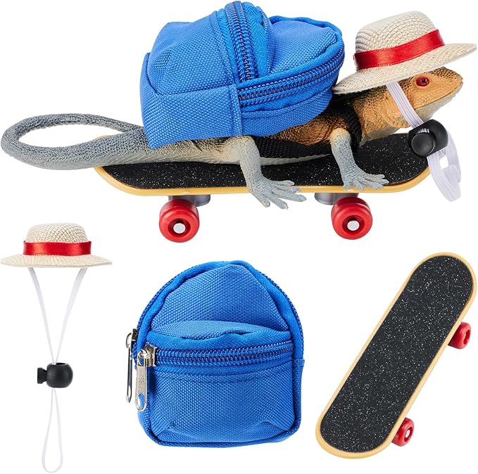 AOWPFVV 3 Pack Bearded Dragon Toys Includes a Bearded Dragon Backpack, an Adjustable hat, and a mini Skateboard Toy, for Small Reptile Pets Such as Lizards, Hamsters, Parrots, and Turtles