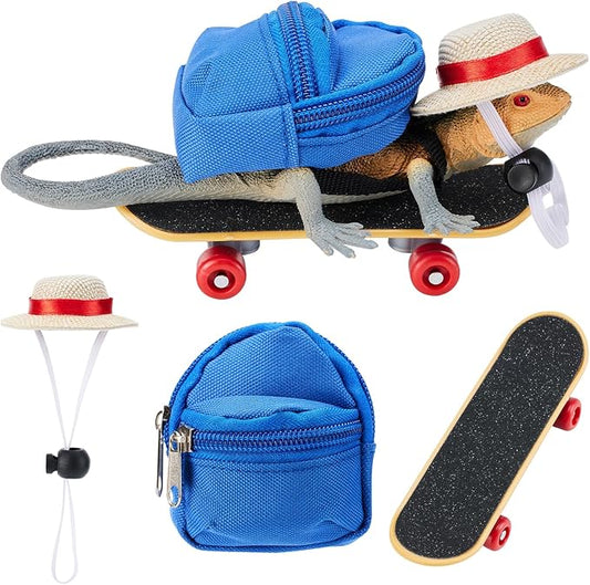 AOWPFVV 3 Pack Bearded Dragon Toys Includes a Bearded Dragon Backpack, an Adjustable hat, and a mini Skateboard Toy, for Small Reptile Pets Such as Lizards, Hamsters, Parrots, and Turtles