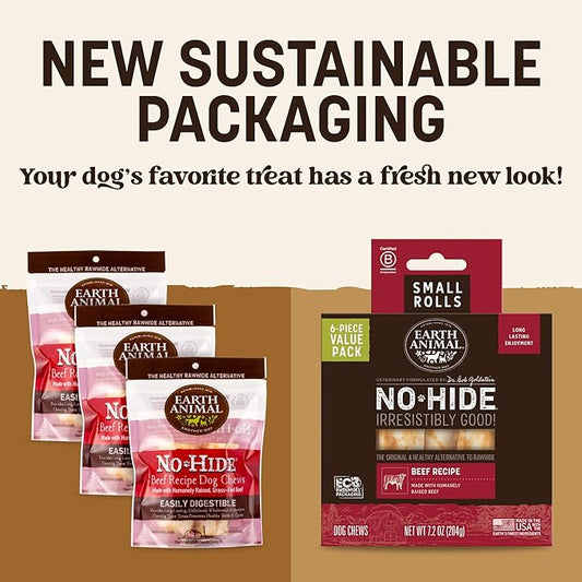 Earth Animal No Hide Chews - Long Lasting Rawhide Free Small Dog Chews Rolls, Beef - 6 Count