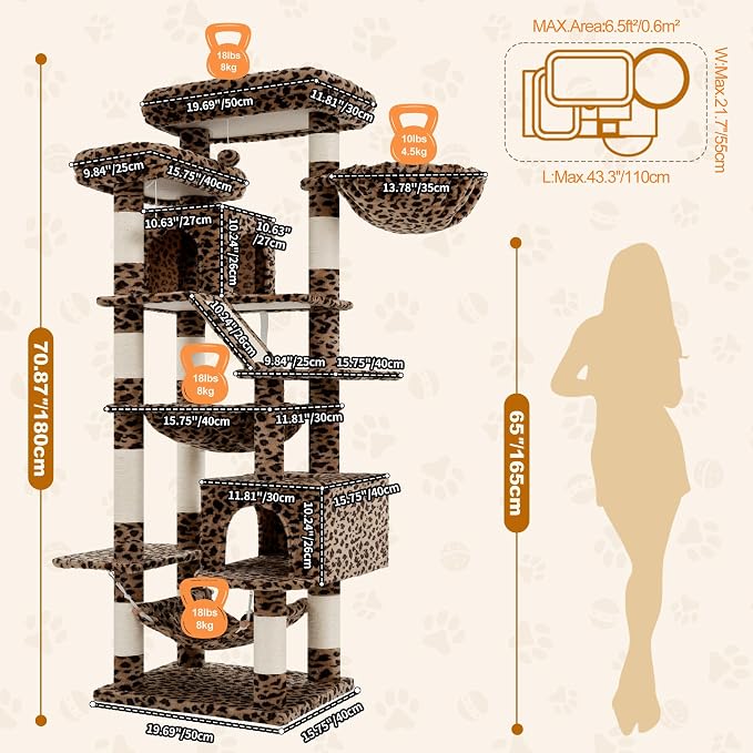 Heybly Cat Tree, 71-Inch-Tall Tower for Indoor Cats with 2 Perches, 2 Big Condos, 2 Hammocks, Basket, Scratching Pad, Large Cat Furniture and Condo, Leopard Print HCT034BW