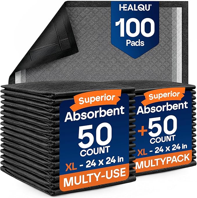 Healqu Puppy Pads Dog Training Pad Black Charcoal, Activated Carbon & Advanced Leakproof Technology (24x24 Pack of 100)