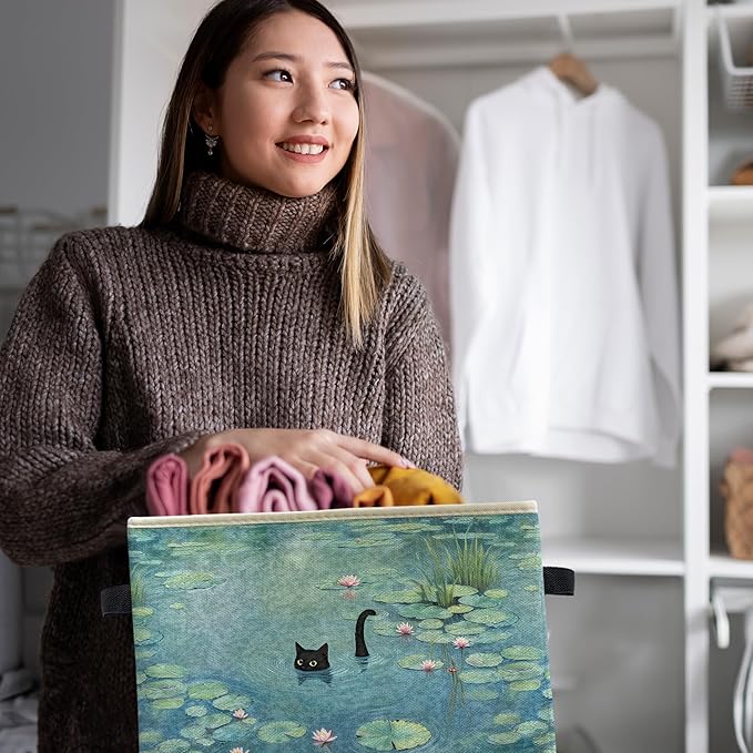 Water Lily Pond Black Cat Storage Bin Box, Cat Lover Mom Lady Grandma Gifts Collapsible Storage Basket Organizer for Bedroom Bathroom Home Clothes Toys Books, Toybox for Girls