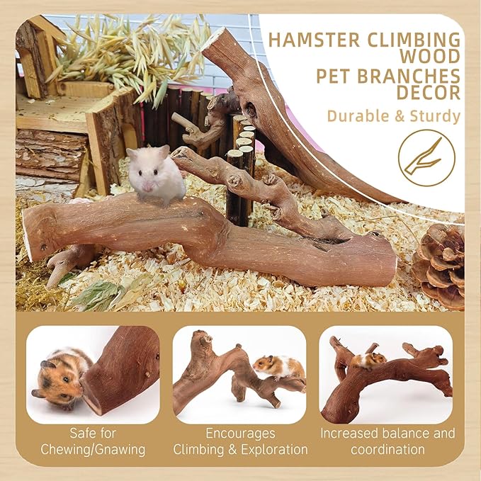 kathson 2PCS Wood Hamster Climbing Branches Decor, Natural Wooden Syrian Hamster Climb Chewing Toys, Rat Exercise Toys, Small Animal Habitat Decor Accessories for Dwarf Pets, Gerbils, Mice (5.9 in)