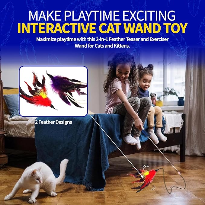PET FIT for Life 2 Feather Wand CAT Toy, RED and Purple