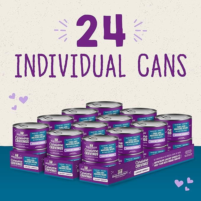 Stella & Chewy's Carnivore Cravings Savory Shreds Cans – Grain Free, Protein Rich Wet Cat Food – Wild-Caught Tuna & Mackerel Recipe – (5.2 Ounce Cans, Case of 24)