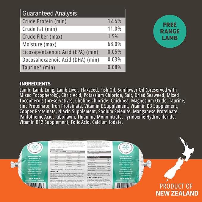 New Zealand Lamb Frozen Fresh Dog Food, 91% Grass-Fed Free-Range Meat, High-Protein, Gently Cooked, Grain-Free, Omega-3s, 8 Rolls (12 lb Case)