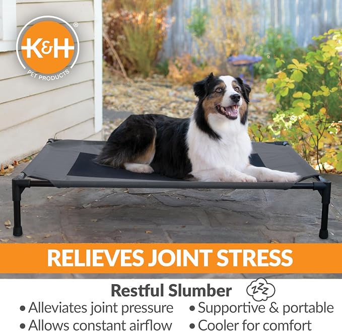 K&H Outdoor Elevated Dog Bed - Cooling Raised Dog Bed for Medium & Large Pets, Breathable Mesh Center Hammock Design, Indoor/Outdoor Washable Cover, Portable Metal Frame, Charcoal, Large 42x30in
