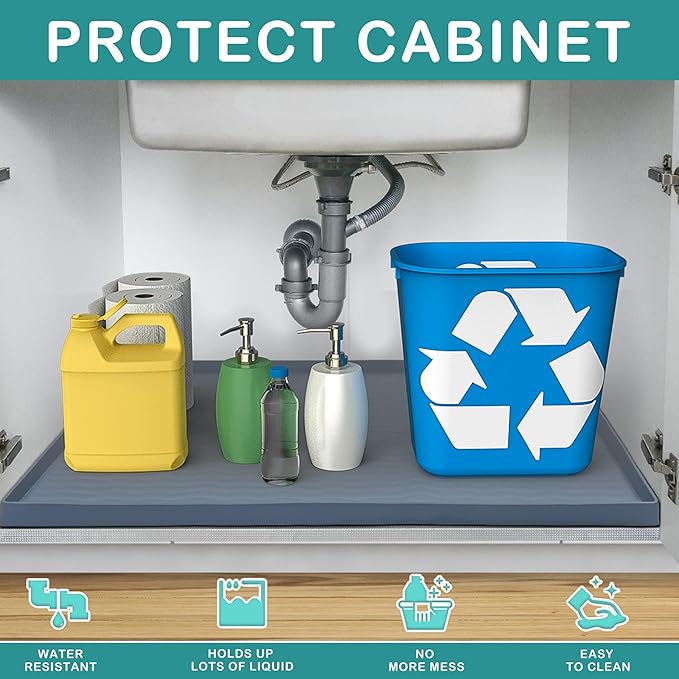 URMONA Waterproof Silicone Under Sink Mat 37'' x 22'' Shelf Liner for Kitchen and Bathroom, Cabinet and Counter Protector, Storage and Organizers, Litter Mat, Pet Cat Puppy Essentials(Navy)