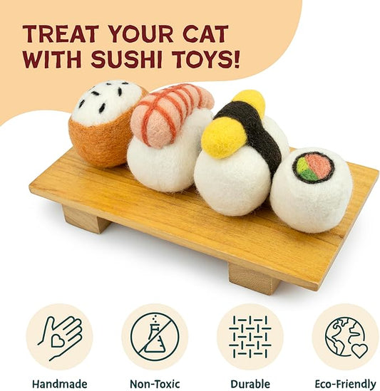 Woolbuddy Sushi Cat Toy Set – Wool Felt Interactive Toys for Indoor Cats & Kittens, Catnip-Free, Durable, Cute Enrichment Toys for Bored Cats, Natural Wool Dental & Hunting Play (Large – 4 Pcs)