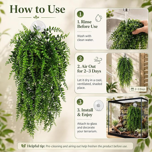 HERCOCCI 5 Pack Reptile Plants, Terrarium Hanging Plants Vines Artificial Leaves Habitat Decorations with Suction Cup for Bearded Dragon Hermit Crab Lizard Snake Geckos Chameleon