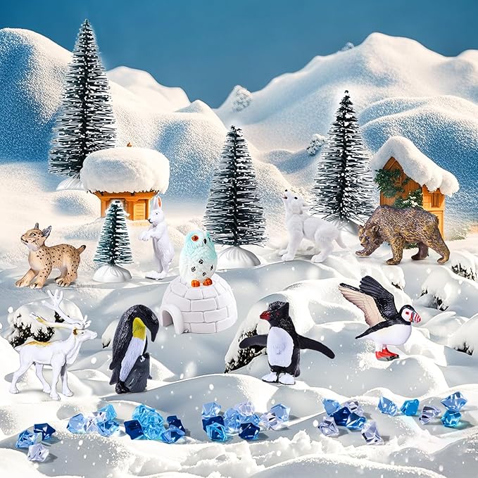 SIENON 60Pcs Arctic Animal Toy Set, Mini Winter Animal Figures with Polar Bear, Penguin, Caribou, Puffin, Lynx, Igloo, Pine Trees, Fake Ice Rocks for School Project Christmas Birthday Cake Decorations