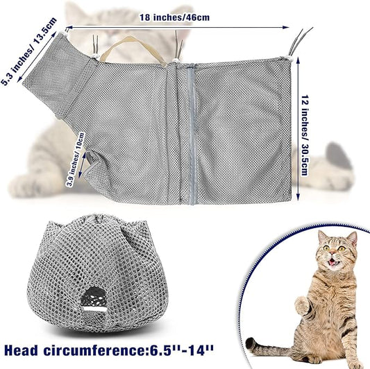2 Pieces Cat Grooming Washer Mesh Bag Cat Muzzles Breathable Mesh Muzzles Adjustable Kitten Scratch Resistant Kitty Restraint Clothes Kitty Bath Bag for Bathing Nail Trimming Feeding(Gray)