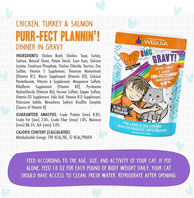 Weruva B.F.F. OMG - Best Feline Friend Oh My Gravy!, Purr-FECT Plannin'! with Chicken, Turkey & Salmon in Gravy Cat Food, 2.8oz Pouch (Pack of 12)