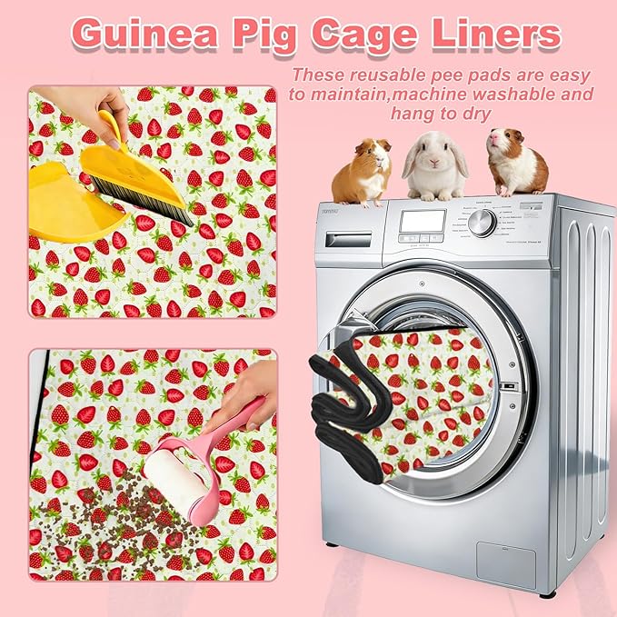 2 Pack Guinea Pig Cage Liners, 12"x 24" Washable Waterproof Bedding for Rabbit, Bunny, Hamster & Small Animals, Reusable Super Absorbent Pee Pads for C&C Cage, Strawberry Print