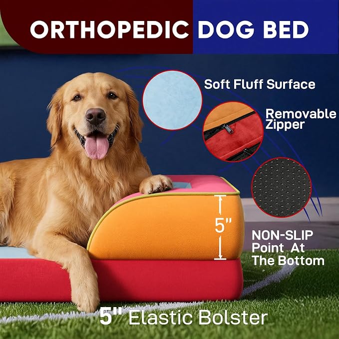 Comfort Expression Orthopedic Dog Bed for Extra Large Dogs with Bolster | Waterproof Dog Couch Bed with Washable Cover & Non-Slip Bottom, Supportive Egg Crate Foam XL Pet Bed, 45x35 Inch