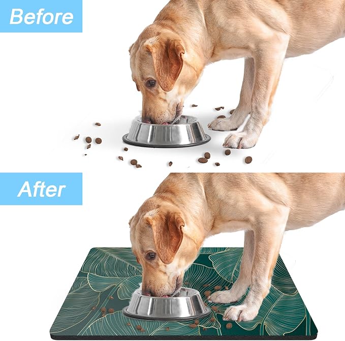 Rnivvi Dog Food Mat, 12" x 19" Flower Absorbent Dog Cat Bowl Mat for Food and Water, Cute Anti-Slip Rubber Pet Feeding Rug Protect Floors, Puppy Placemat for Feeding & Watering Supplies, Tropical